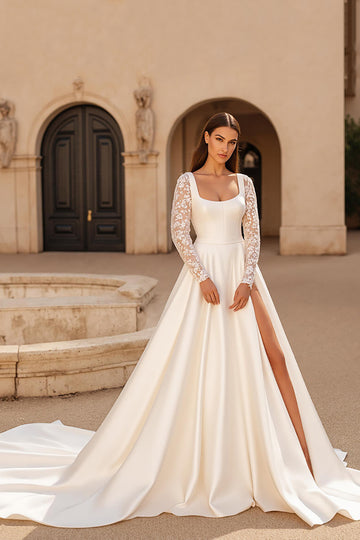 Ivory Satin A Line Square Neck Court Train Wedding Dress with Lace